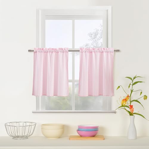 "ZJDECOR Pink White Buffalo Plaid Kitchen Curtains 24 Inches Long - Gingham Crinkled Not-See-Through Sheer Cafe Tier Panels,Farmhouse Window Treatment for Kitchen Bedroom,Rod Pocket,26""Wx24""Lx2"