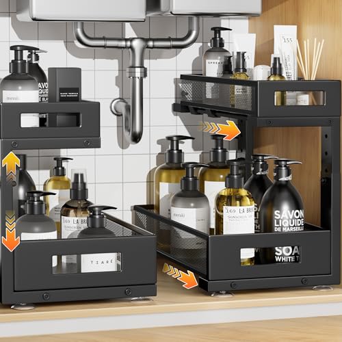 Biboraya 2 Pack Under Sink Organizers And Storage Height Adjustable,2-Tier Pull Out Under Cabinet Organizer For Kitchen,Bathroom-Black