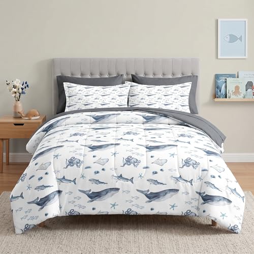 Pamnest Comforter Set Twin Size, Underwater Whale Jellyfish 5 Pcs Bedding for Kids and Adults, Shark Dolphin Octopus Bed Sheet Sets with Fitted Sheet Pillowcase & Sham for Bedroom Bed Decor