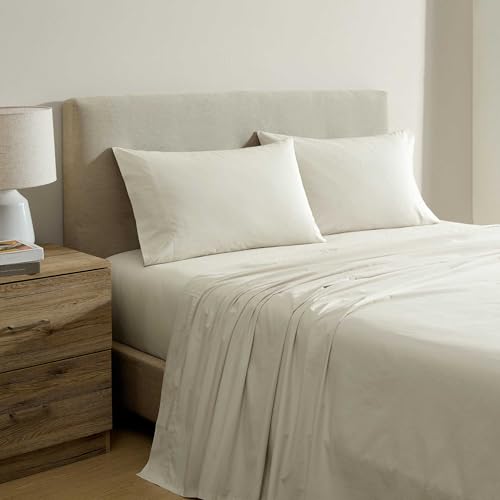 Nautica - Queen Bed Sheets, Lightweight Cotton Percale Bedding Set with Matching Pillowcases, Crisp & Cool, Oeko-Tex Certified (Bayview Solid Beige)