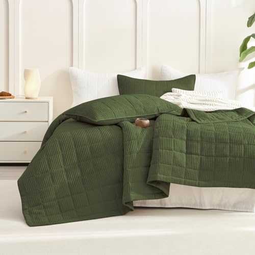 CozyTide Oversized King Bedspread 128x120,Cotton Olive Green Waffle Weave King Quilt Bedding Set Oversized 3 Pieces Lightweight Farmhouse Extra Large King Bedspread & Coverlet Sets for All Season