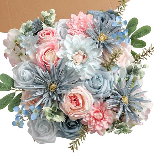 Koroni Flowers Blue Pink Artificial Flowers Set - Fake Roses, Peonies, Silk Flowers with Stems for DIY Wedding Bouquets,Floral Arrangement,Table Centerpieces,Baby Shower, Home Decor