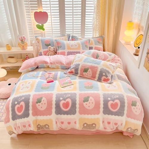 CinYana Plaid Duvet Cover Set Floral Duvet Cover Fluffy Comforter Cover Kawaii Cartoon Bunny Duvet Cover Twin Size Bedding Set (Lovely Grid, Twin)