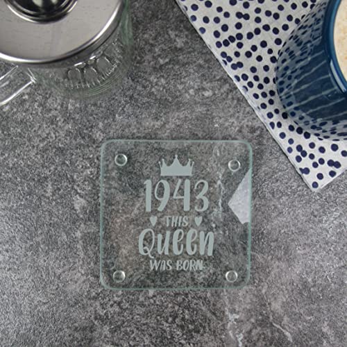 eBuyGB Engraved Square Glass Coaster -1943 This Queen was Born Design - 80th Birthday Gifts for Women, Her - Eightieth Birthday Gift for Grandma, Mum, Sister, Auntie - Drinks Mat, Placemat