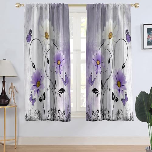 "AAtter Purple Floral Window Curtain Lavender Lilac Rustic Flowers Country Butterfly White Daisy Abstract Black Leaves Living Room Bedroom Window Drapes Treatment Fabric 1 Pair, 42"" W x 63"" L, Wooden"