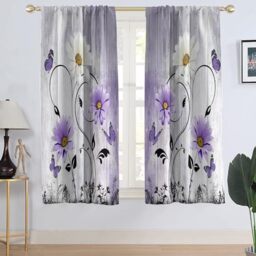 "AAtter Purple Floral Window Curtain Lavender Lilac Rustic Flowers Country Butterfly White Daisy Abstract Black Leaves Living Room Bedroom Window Drapes Treatment Fabric 1 Pair, 42"" W x 63"" L, Wooden"