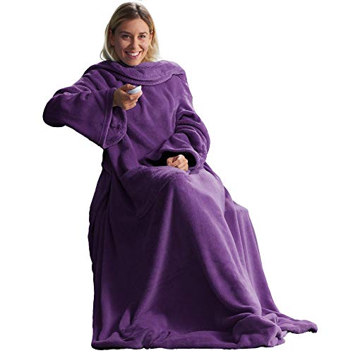 CelinaTex TV blanket cuddly blanket with sleeves pockets foot pocket microfibre Coral fleece blanket 170 x 200 cm purple