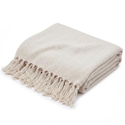 Americanflat Soft and Breathable Cotton Throw Blanket for Couch Bed Chair Decorative Blankets Perfect for Home, Office or Outdoor Cream Herringbone 50 x 60