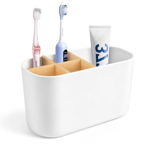 elzle Toothbrush Holder for Bathroom, 5 Slot Electric Brush Holder - Detachable Bathroom Organizer for Electric & Manual Toothbrushes and Toothpaste, Space-Saving Design, White