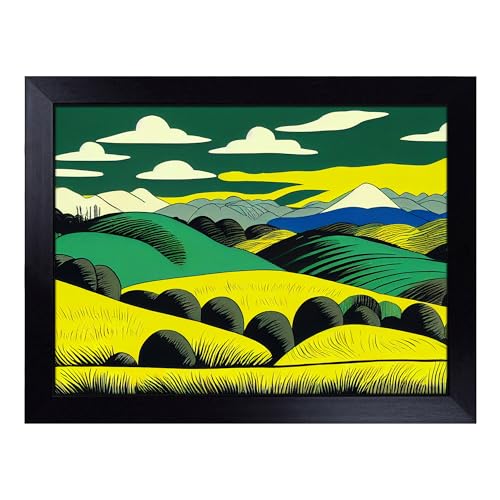 Lap Tray with Bean Bag Cushion, Pop Art Meadow Landscape Abstract - Handmade in the UK, Raised Wooden Edge, Padded Cushion, Heat-Resistant Wipe-Clean Surface, for Meals, Laptops and Crafts