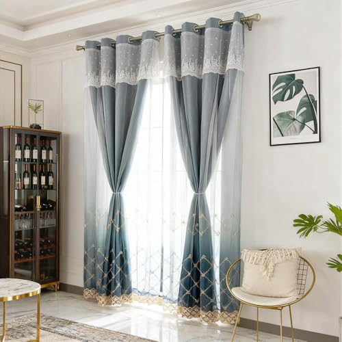 1 Pair Double Layer Geometric Curtains for Living Room Gradient Diamond Pattern Embroidered Curtains for Bedroom (Blue,54x102 Inch)
