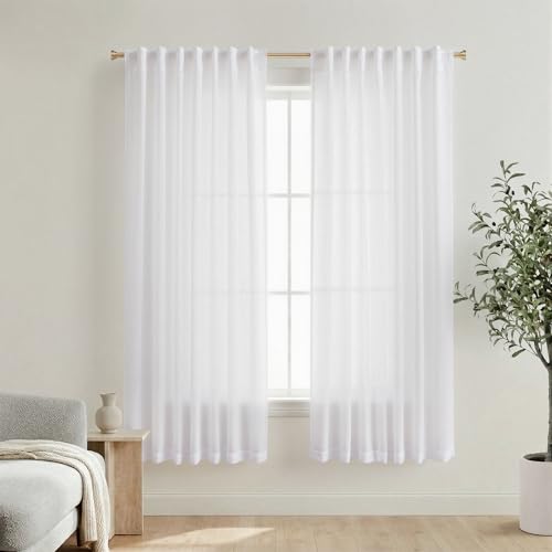 Mrs.Naturall White Back Tab Linen Blend Sheer Curtains for Living Room 52x68 Inches Long