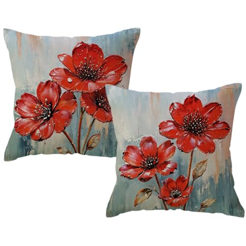 ULOVE LOVE YOURSELF 2Pack Flowers Decorative Pillow Covers Modern Red Poppy Design Cushion Covers Oil Painting Pretty Floral Pillowcases 18 x 18 Inch Farmhouse Spring Summer Decorations (Red)