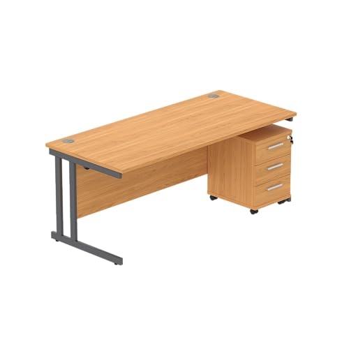 Office Hippo Heavy Duty Contract Grade Office Desk Workstation and Lockable 3-Drawer Pedestal Set, 120kg Weight Tolerance, 5-Year Warranty, FSC Certified, Norwegian Beech, Graphite Legs, 1600 x 800mm