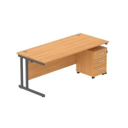 Office Hippo Heavy Duty Contract Grade Office Desk Workstation and Lockable 3-Drawer Pedestal Set, 120kg Weight Tolerance, 5-Year Warranty, FSC Certified, Norwegian Beech, Graphite Legs, 1600 x 800mm
