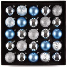 HEITMANN DECO Set of 25 Christmas Tree Baubles Assortment – Christmas Decorations Blue Silver for Hanging – Plastic Bauble Assortment, 34.3 x 34.3 x 6 cm