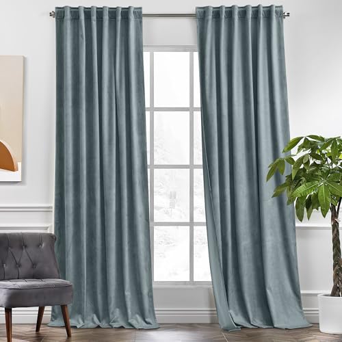 KGORGE Velvet Curtains Stone Blue Blackout 96 inches 2 Panels for Bedroom - Soft Darkening Thermal Insulating Window Drapes for Living Room Dining Room, Back Tab Rod Pocket, Hunter Green, W 52 x L 96