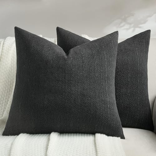 FUTEI Black Chenille Throw Pillow Covers 18x18 Inch Set of 2,Luxuriously Soft Argyle Textured Cushion Cases,Modern Home Decor for Couch Living Room