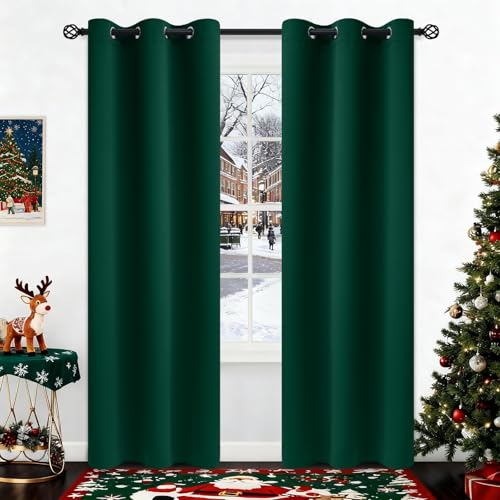COSVIYA Grommet Blackout Room Darkening Curtains 84 inch Length 2 Panels,Thick Polyester Light Blocking Insulated Thermal Window Curtain Dark Green Drapes for Bedroom/Living Room,42x84 inches