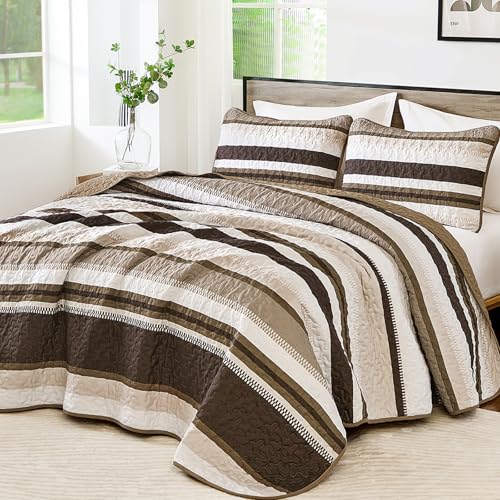 "WONGS BEDDING Quilt Set Queen Size, Brown Striped Pattern Bedspread,Lightweight Summer Coverlet Bedding Set for Bed 96""x90"""