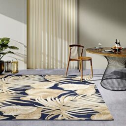 Villeroy & Boch Oktavie Indoor and Outdoor Rug Modern - Flatweave Outdoor Rug, Palm Leaves Design, Oeko-Tex Weatherproof & UV-Resistant for Balcony, Patio, Garden - Dark Blue Gold, 160 x 235 cm