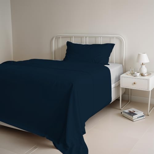 Italian Bed Linen Natural Color Bed Set (Flat 180x300, Fitted Sheet 120x200cm+Pillowcase 52x82cm), Petrol Bottle Green, 100% Cotton, Dark Blue/Light Gray, SMALL DOUBLE