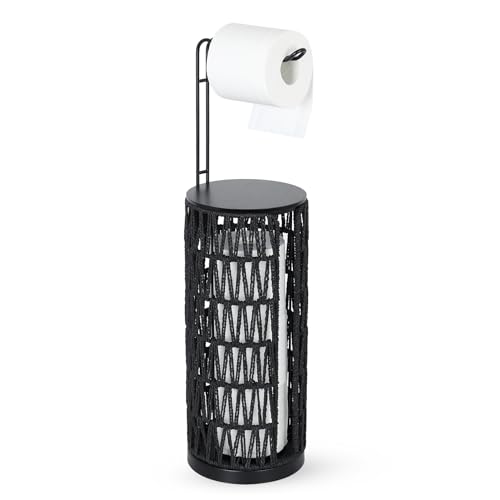 Black Freestanding Toilet Paper Holder with Storage,3 Rolls of Tissue Holder for Bathroom,Handmade Woven Toilet Paper Roll Holder Stand,Rattan Sturdy Boho Bathroom