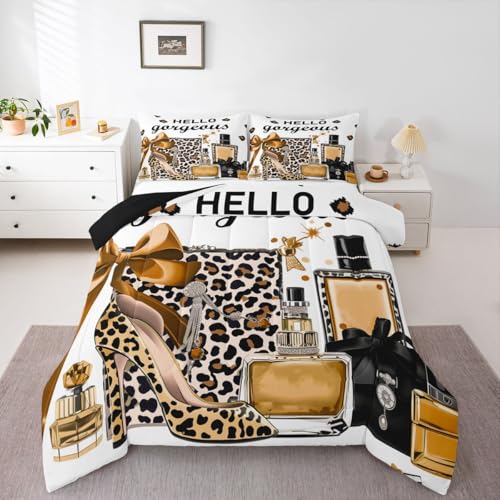 Erosebridal Brown Leopard Cheetah Print King Bedding Set - Fashion Modern Luxury Comforter Set for Kids Girl Women Perfume High Heels Girly Bed Collections Trendy Stylish Girls Duvet Quilt Sets