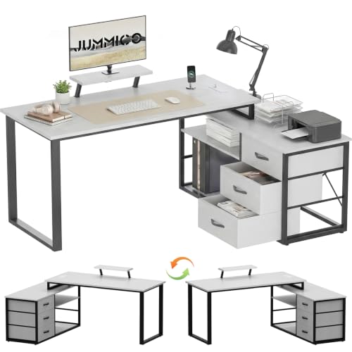 JUMMICO Corner Desk with 3 Drawers and Monitor Stand Gray