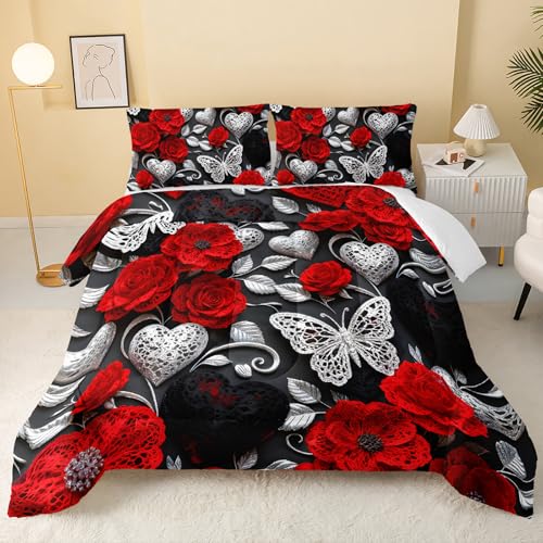QOOMO Red Flowers Kids Bedding Set,Cartoon Plants Comforter Set Queen Size for Boys Girls Teen Room Decorat,Soft Lightweight Bed Set All Season,1 Comforter 2 Pillowcases