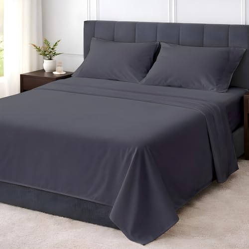 Shreem Linen 4PCs Bed Sheet Set - Ultra Soft Brushed Microfiber With Top Header - Wrinkle & Fade Resistant, Hypoallergenic Sheet & Pillow Case Set King Size Dark Grey Solid