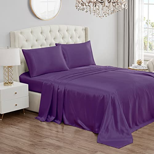 Juicy Couture Satin Sheets Set with 1 Fitted Sheet, 1 Flat Sheet and 2 Pillow Cases, Silky Deep Pocket Bedding Set, Wrinkle Resistant and Anti-Pilling - Purple