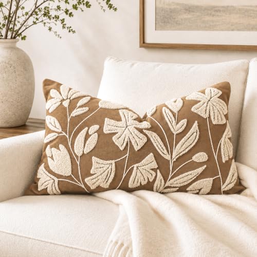 BlissBlush 12x20 Lumbar Pillow Cover, Rectangular Brown Decorative Throw Pillowcase for Couch Sofa, Embroidered Velvet Farmhouse Accent Cushion (Cover Only)