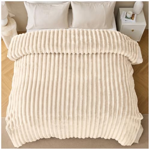 GC GAVENO CAVAILIA Fleece Throw Blanket Soft Bed Throw King Size, Cream - Fuzzy Thick Warm, Lightweight, Washable Ribbed Fluffy Blanket - Sherpa Throws For Sofas, Bed, Couch, Arhmchair, 200x240 cm