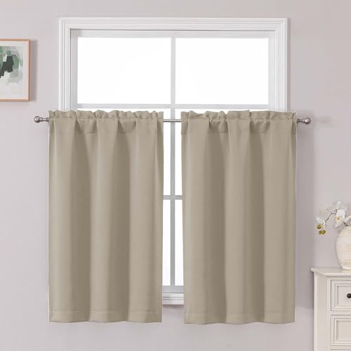 Chyhomenyc Short Blackout Curtains 45 Inch Length - Small Room Darkening Thermal Insulated Half Window Curtains for Kitchen Basement Cabinet Camper Bathroom, 2 Panels, 30Wx45L, Biscotti Beige