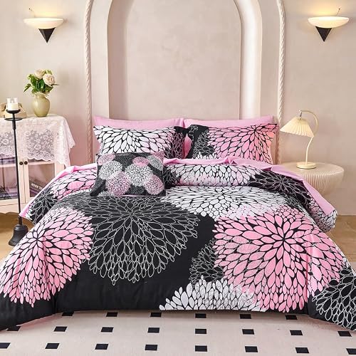 Koniroom 8-Piece Black and Pink Comforter Set Queen Size - Reversible Flower Floral Bed in a Bag with Sheets, Pillowcases, Shams, and Decorative Pillow Cover