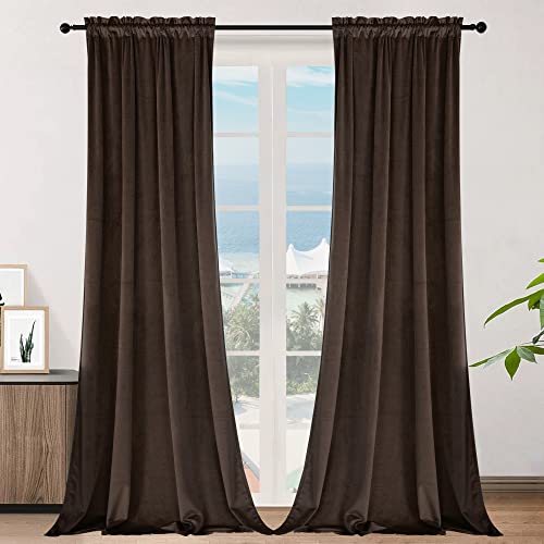SMILETIME Brown 84in Long Velvet Curtains with Rod Pocket Thermal Insulated Soft Privacy Light-Filtering Velvet Drapes for Bedroom and Living Room, Set of 2 Panels, 52 x 84 Inches Long