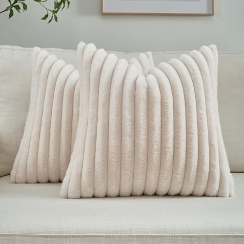 FUTEI Beige Striped Decorative Throw Pillow Covers, 18x18 Inch, Set of 2, Square, Soft Faux Rabbit Fur & Velvet Back, Modern Home Decor for Bed, Car, Office