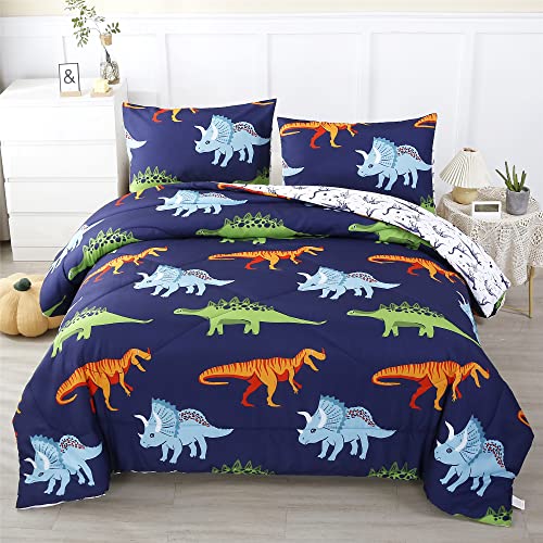 RYNGHIPY Cartoon Dinosaur Comforter Set, Dark Blue Dinosaur Kids Bedding Set for Boys, Dinosaurs Print Comforter Sets for Kids/Toddlers/Teens (Dinosaur,Full)