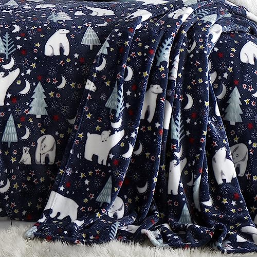 Fusion Navy Christmas Fleece Throw Blanket 120 x 150cm ??? Soft Teddy Fleece Christmas Throw with Polar Bear Design, Cosy Winter Home Decor