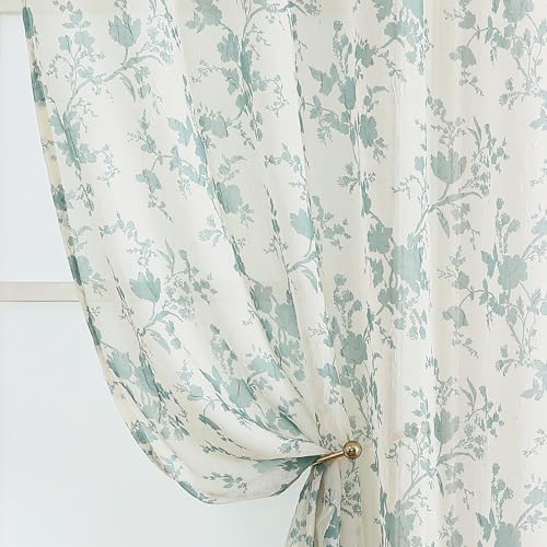"OWENIE Leaf Sheer Curtains for Bedroom Living Room 63 Inch Length 2 Panels, Farmhouse Light Filtering Printed Crushed Patterned Curtains, Rod Pocket Semi Sheer Drapes, Each 42"" W x 63"" L"