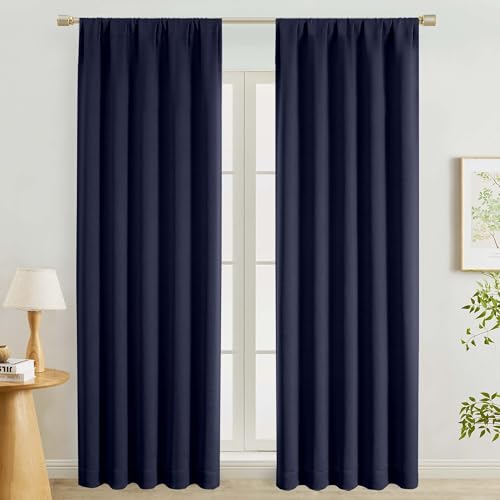 "Lecloud Navy Blue Curtains for Living Room 90 Inches Long 2 Pcs, Room Darkening Rod Pocket Bedroom Curtains for Dining Room, Thermal Insulated Window Treatments Drapes, Each Panel 50"" W x 90"" L"