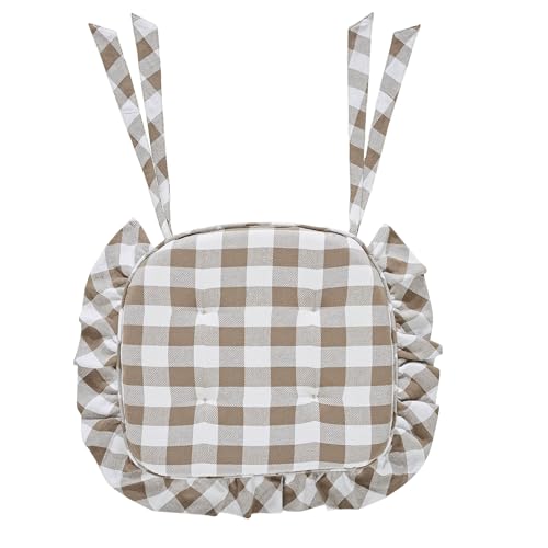 VHC Brands Farmhouse Country Annie Buffalo Check Portabella Ruffled Chair Pad with Fabric Ties 16.5x18