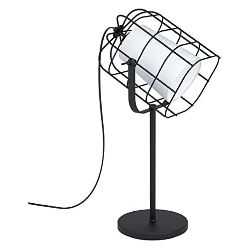 Eglo Table Lamp Bittams, 1-Light Industrial Table Light, Bedside Lamp Made of Steel and Textile, Living Room Lamp in Black and White, Lamp with Switch, E27 Socket