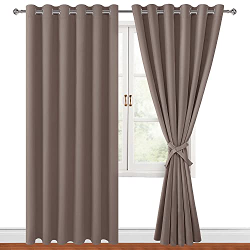 Hiasan Grommet Blackout Curtains for Bedroom, 70 x 84 Inches - Thermal Insulated & Light Blocking Window Drapes for Living Room/Dorm Room, Set of 2 Panels Sewn with Tiebacks, Tan