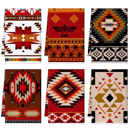 Bencailor 6 Pcs Aztec Kitchen Towels Sets Decorative Dish Towels Absorbent Fast Drying Hand Cloths Hanging Reusable Cleaning Dishcloths for Cooking Housewarming