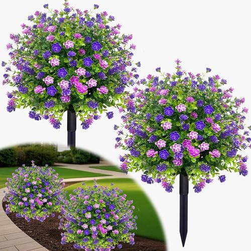 YUGYUM 2 Pack Artificial Boxwood Topiary Ball Trees with Spikes, UV Resistant Outdoor Fake Shrubs with Purple Flowers, Faux Plants for Planters, Front Porch, Patio, Walkway, Garden Decor