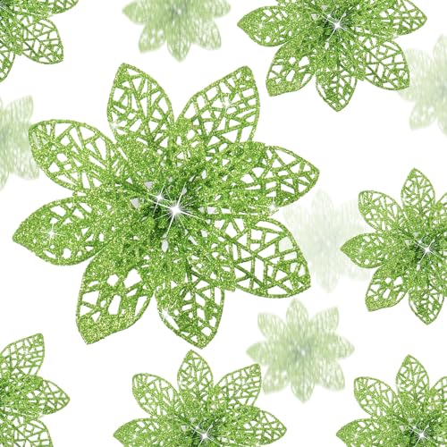 Boao 24 Pieces Glitter Poinsettia Christmas Tree Ornament Christmas Flowers Decor Ornament, 3/4/6 Inches (Green)