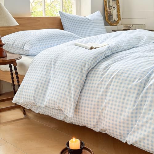 NSNLGSGC 100% Washed Cotton Light Blue Gingham Duvet Cover Set, King - 100% Washed Cotton, Plaid Comforter Cover, Ultra-Soft & Lightweight, 3PCS