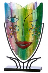 Glass Art Vase Decorative Vase Face Vase Metal Base – Decorative Living Room – Gift for Women Birthday – Hand-Painted Multicoloured – Height 49 cm